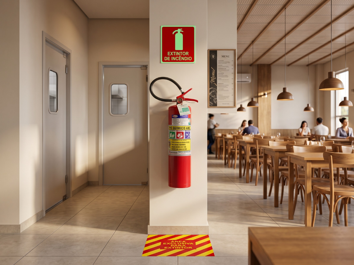 Extintor de incêndio instalado em restaurante com sinalização de área exclusiva