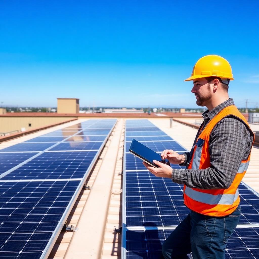 Placas fotovoltaicas em telhado sendo inspecionadas por engenheiro
